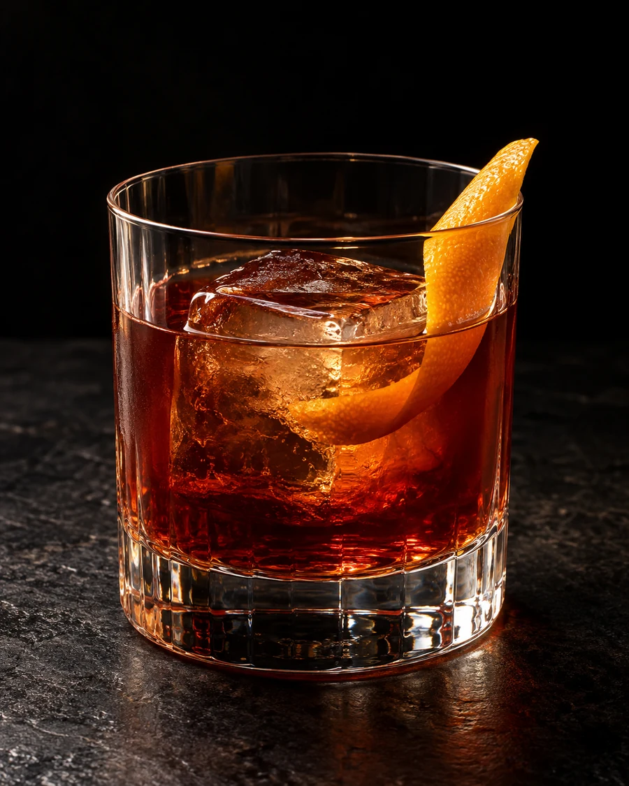Right Place Wrong Time: Brown stirred drink in rocks glass, one large cube and orange twist.