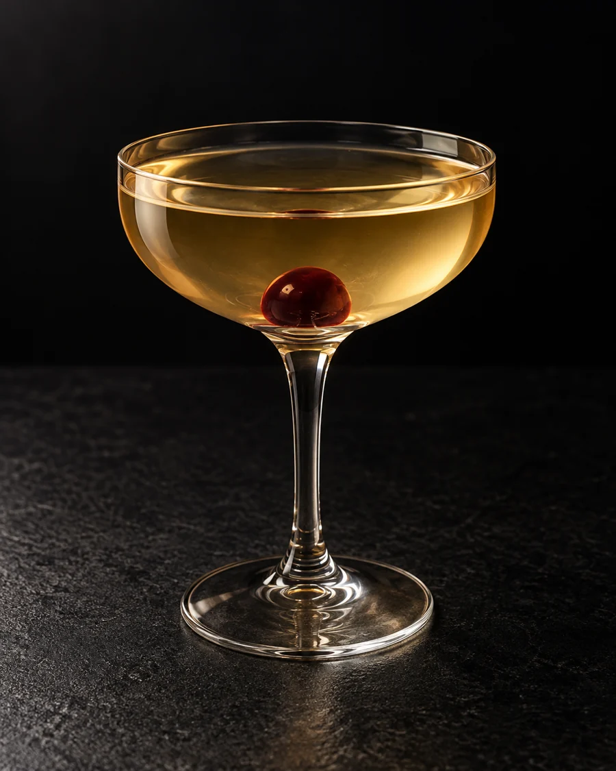 clear pale golden Ritz Bijou in a coupe with one cocktail cherry, no ice.