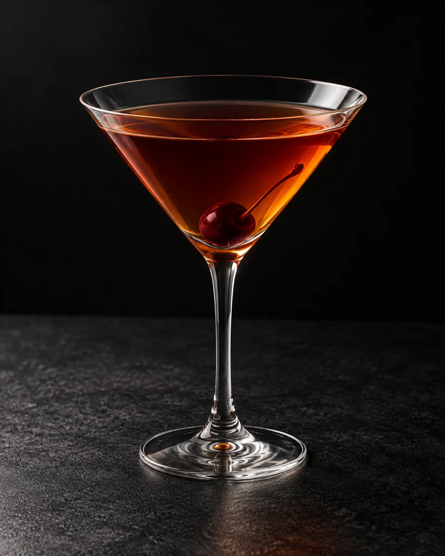 Clear amber-brown cocktail in a martini glass, no ice, one dark cocktail cherry.