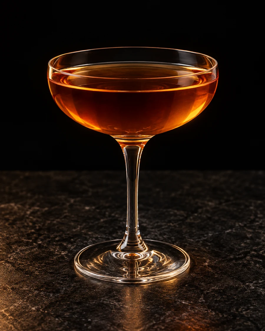 Robert Burns in a coupe glass, without ice, ungarnished, against a black background.