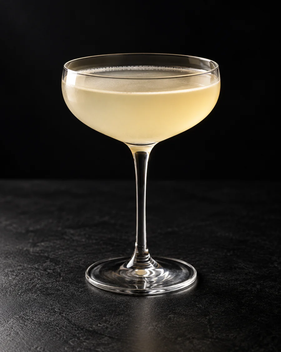 Pale straw, faintly hazy Romance Languages in a coupe without ice or visible garnish.