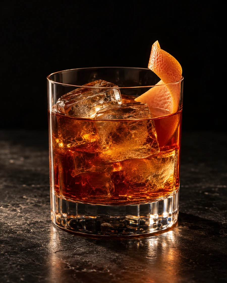 Romancing The Stone: amber cocktail in a rocks glass with several clear ice cubes and a pink grapefruit twist.
