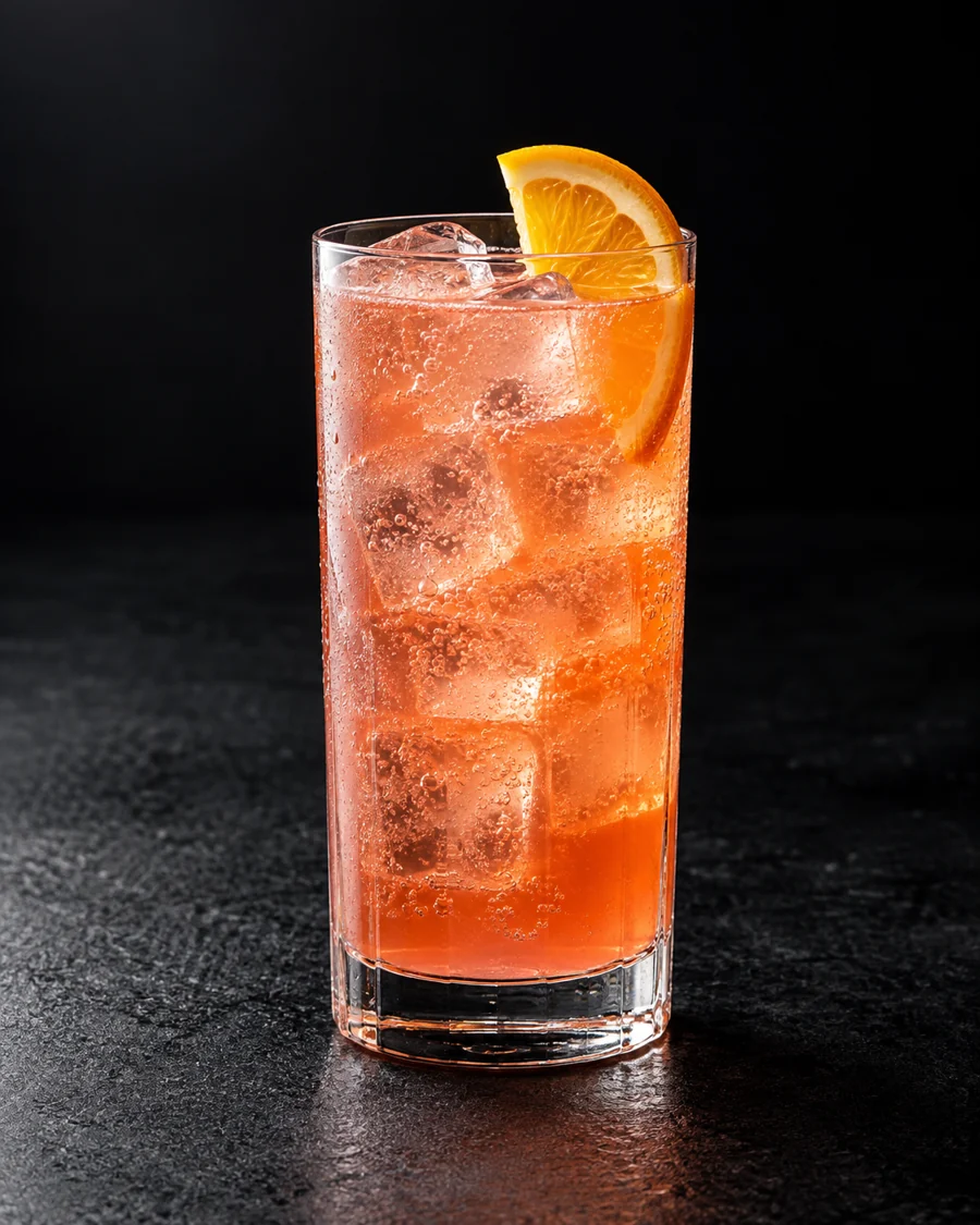Pink-orange Rome with a View in a highball over ice with bubbles and an orange half-wheel.