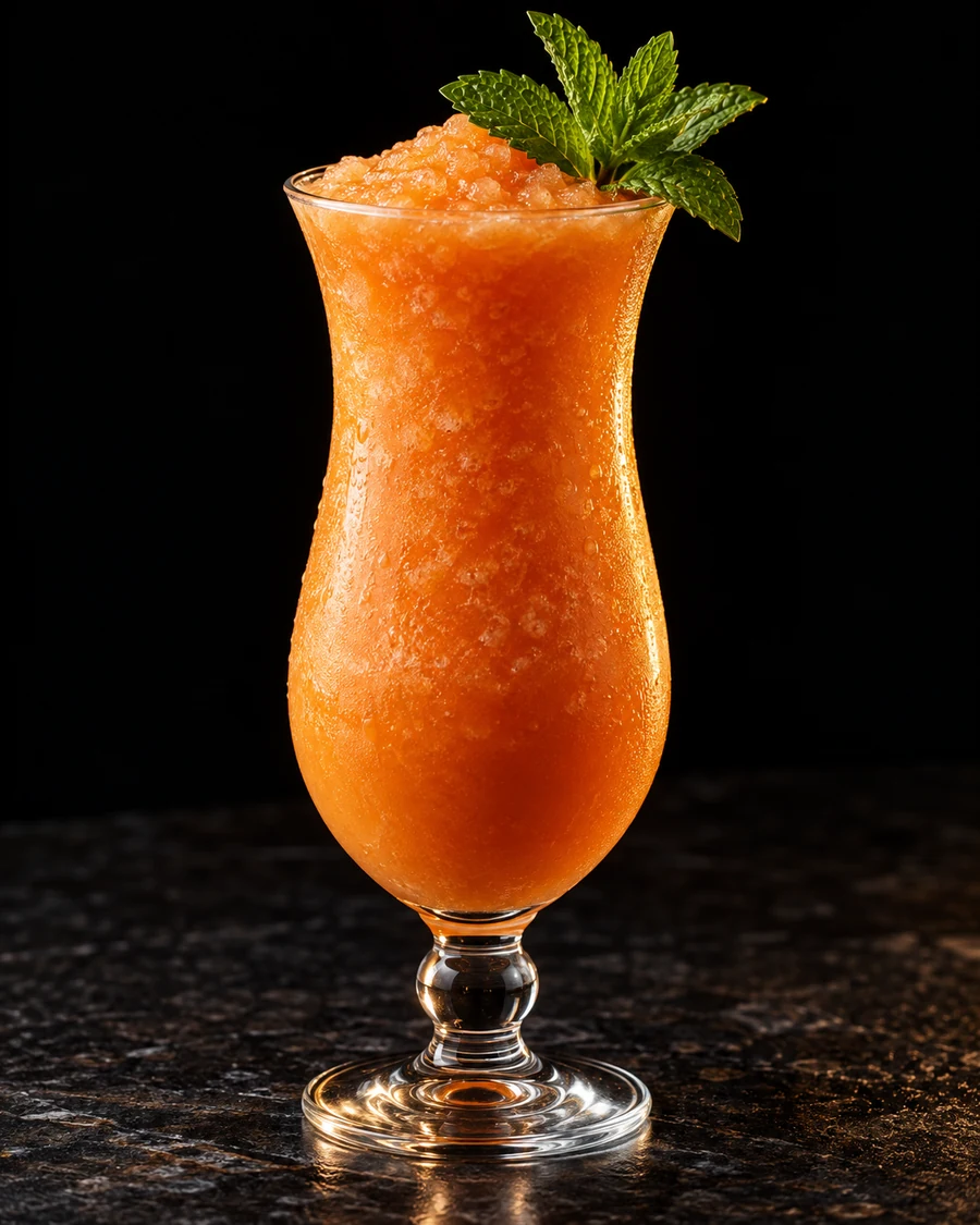 Root For Me. Hurricane glass containing a uniformly frozen orange carrot-rum slush with no intact ice cubes, topped with mint sprig.