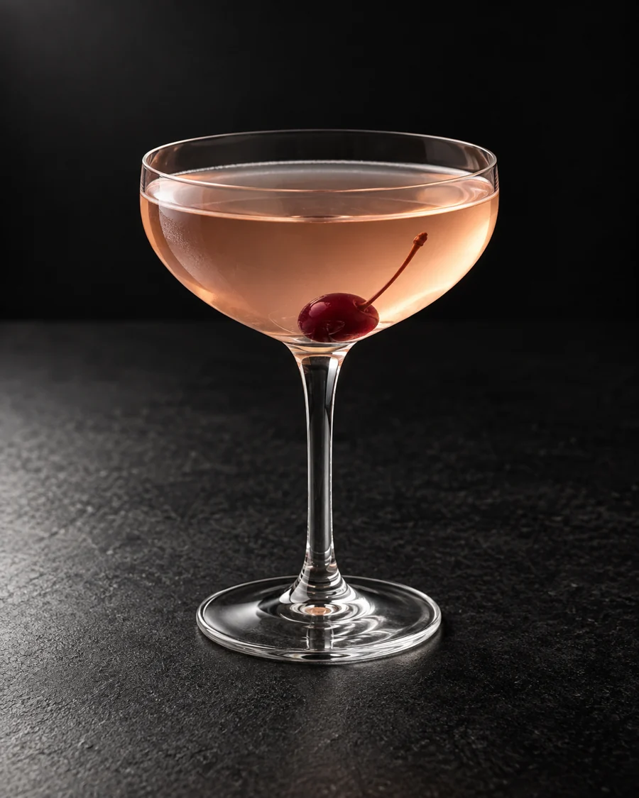 Very pale pink-gold Rose Cocktail in a coupe with one cherry, no ice.