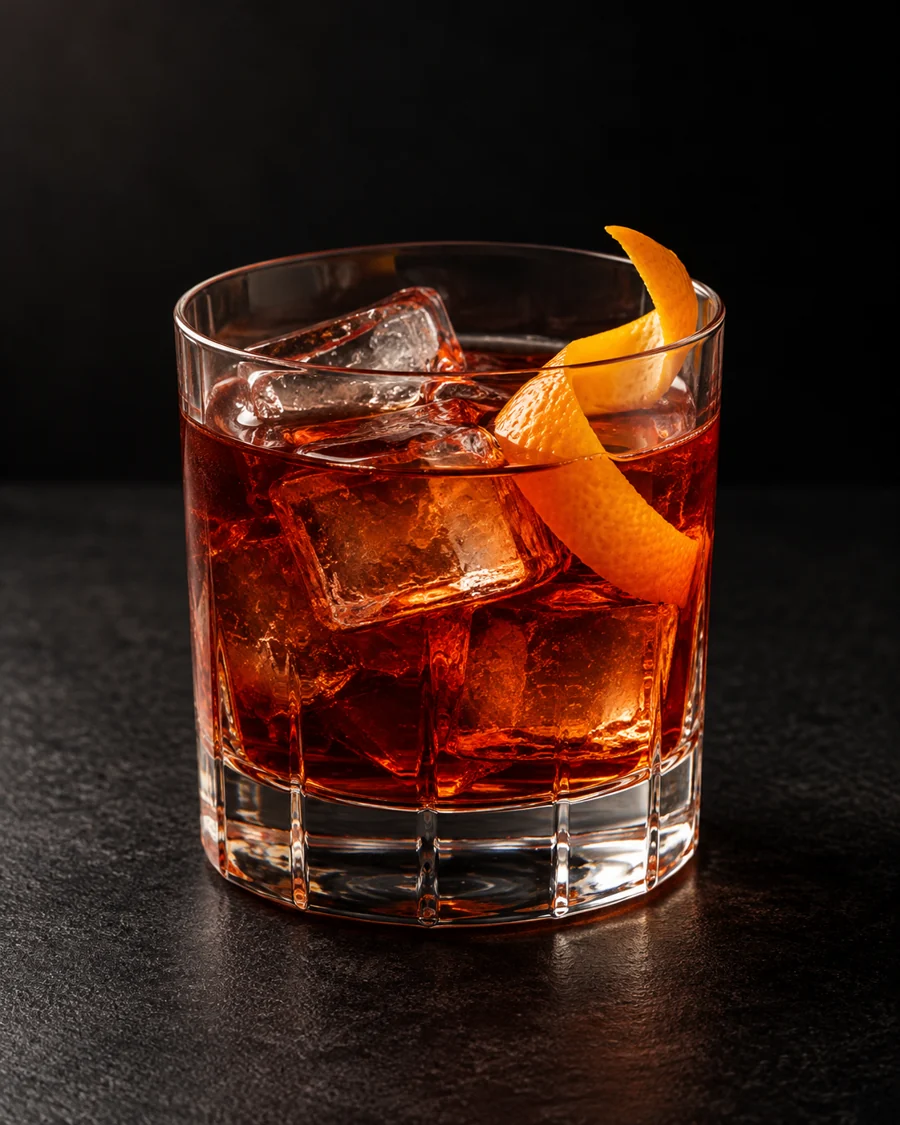 Clear deep amber-red Rosita in a rocks glass over ice with an orange twist.