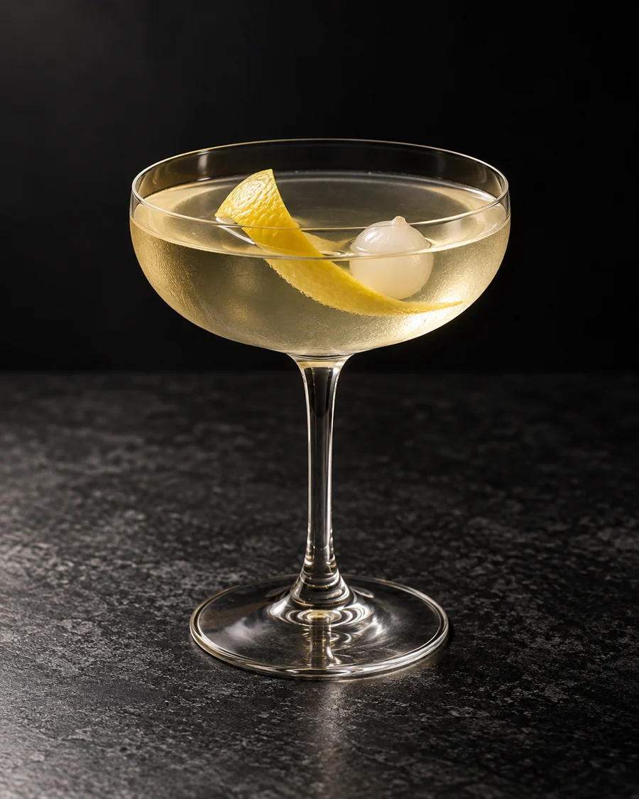 clear pale straw Roslyn Cocktail in a coupe with lemon twist and small cocktail onion, no ice.