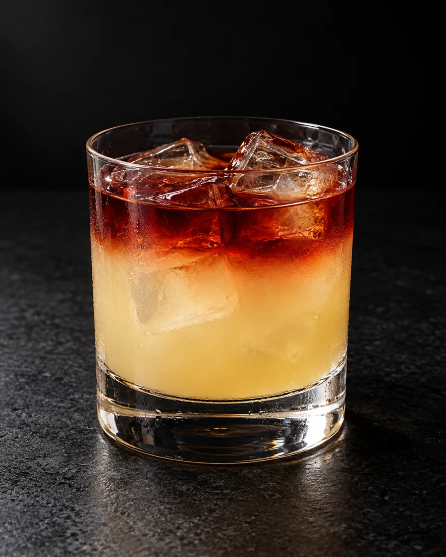 cloudy pale yellow Rotterdam Sour over ice in a double rocks glass with a dark ruby Byrrh upper layer, no garnish.
