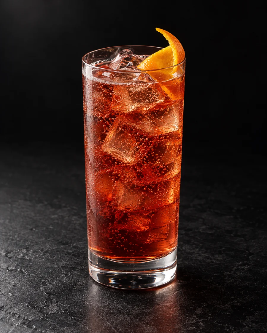 clear reddish amber Roussillon Highball in a highball over ice with bubbles and an orange twist.