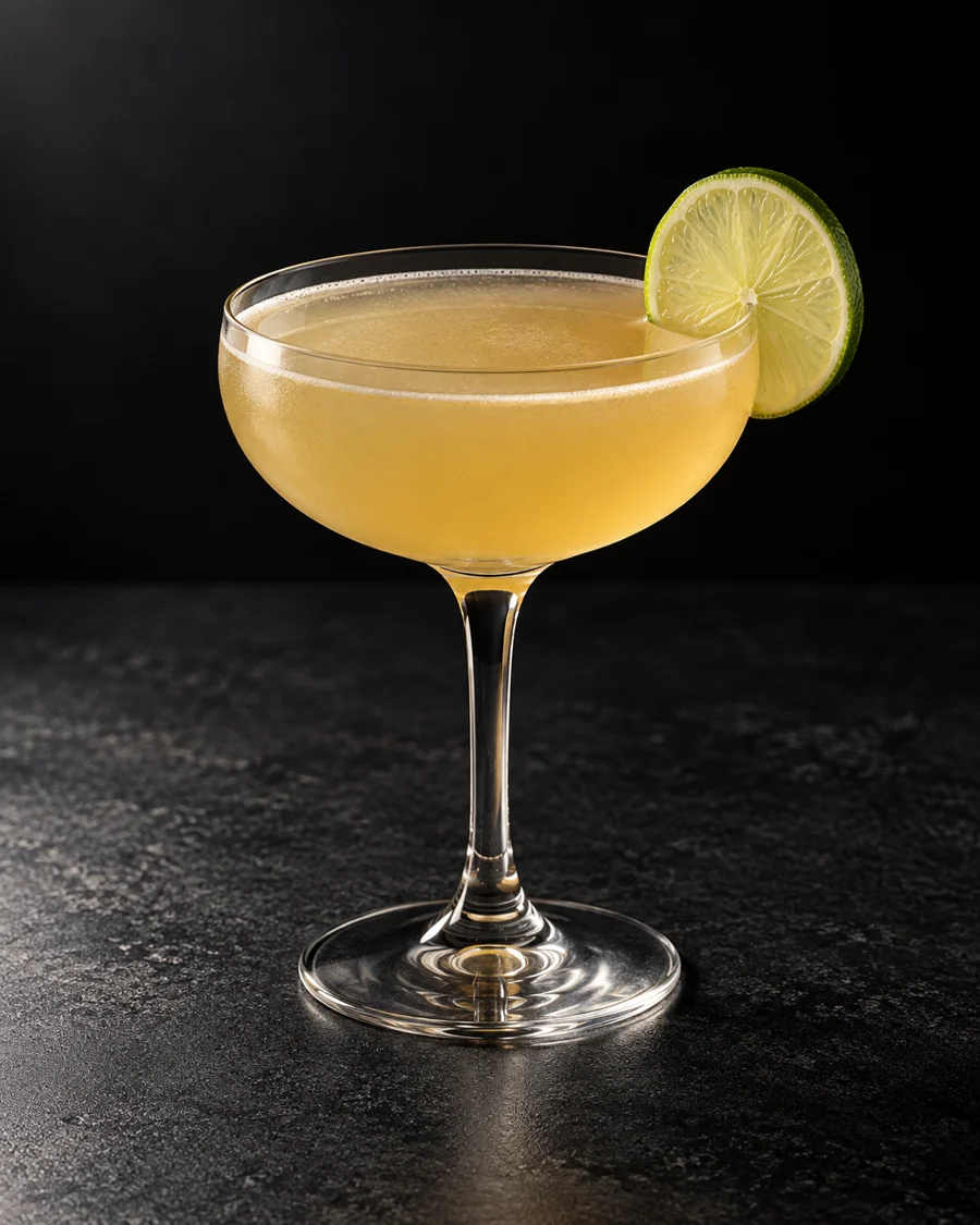 pale golden Royal Bermuda Yacht Club in a coupe with lime wheel, no ice.