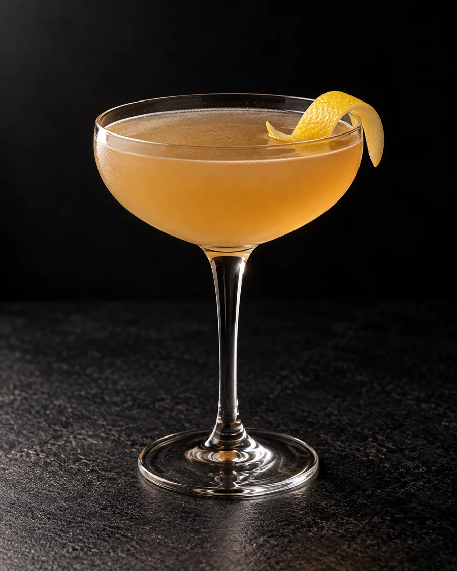pale cloudy amber Royal Funchal Yacht Club in a coupe with lemon twist, no ice.