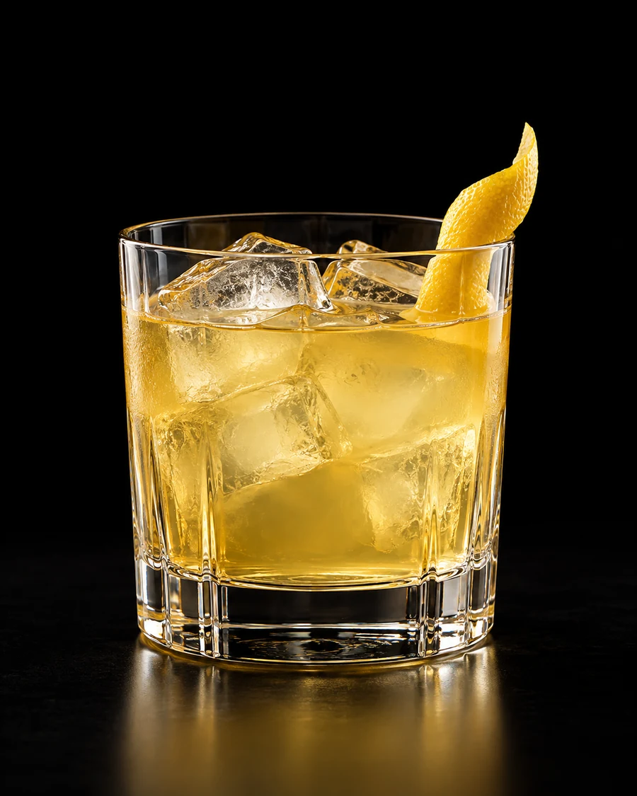 Royal Garden Tea in a rocks, fresh cubed ice for service, with lemon peel, against a black background.