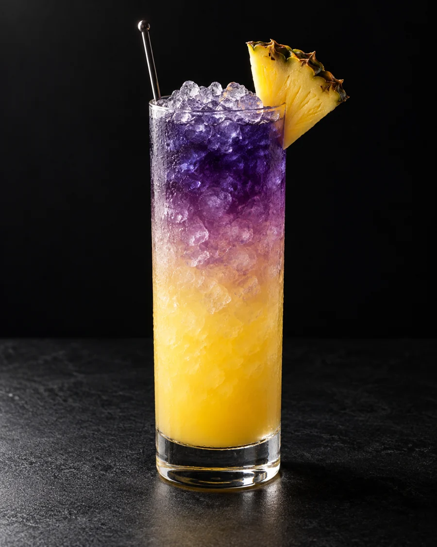 Royal Hawaiian in a Collins glass with crushed ice, yellow pineapple base, indigo-violet gin upper layer and pineapple wedge.