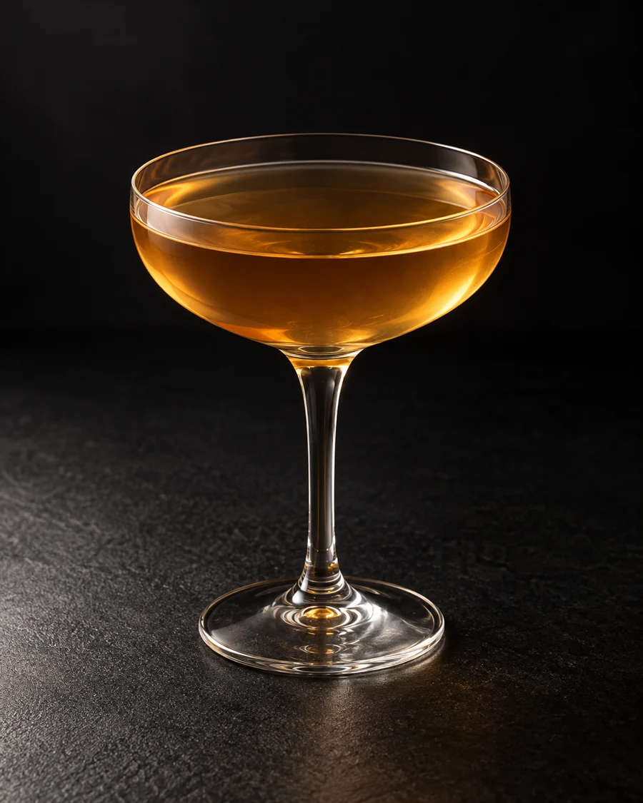 clear golden Royalist in a coupe without ice or garnish.