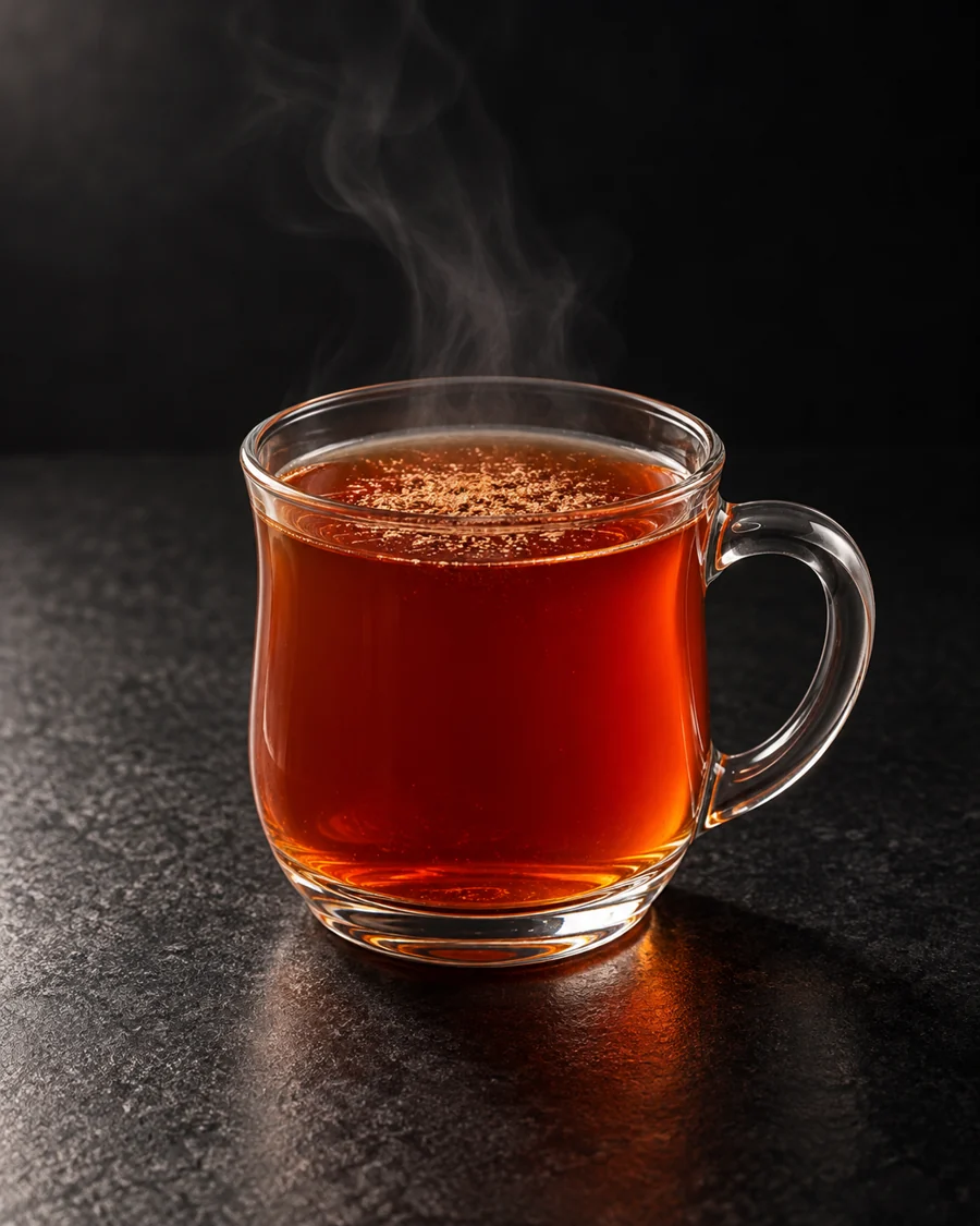 Warm clear ruby-amber punch in a small heatproof mug, light nutmeg dusting, no ice.