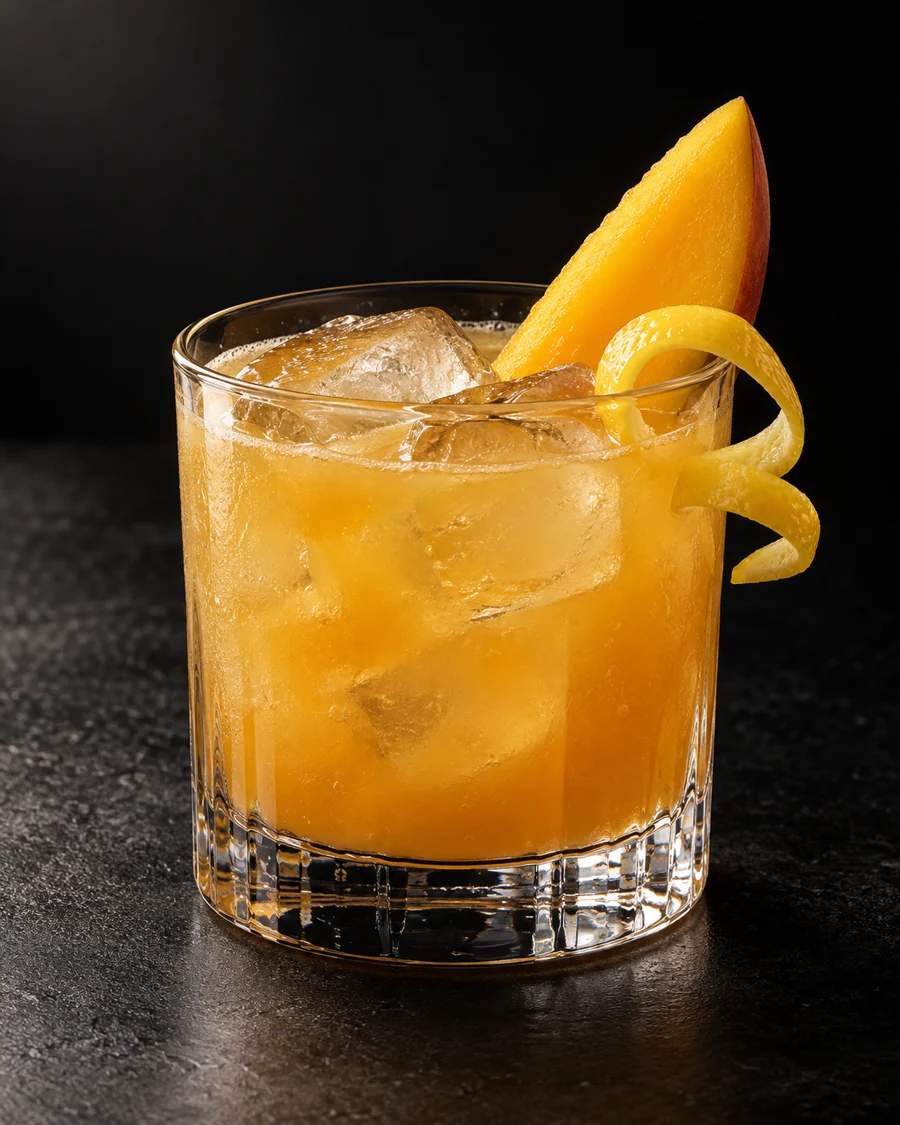 Cloudy golden-amber Run Through the Jungle in a rocks glass with ice, mango slice and lemon twist.