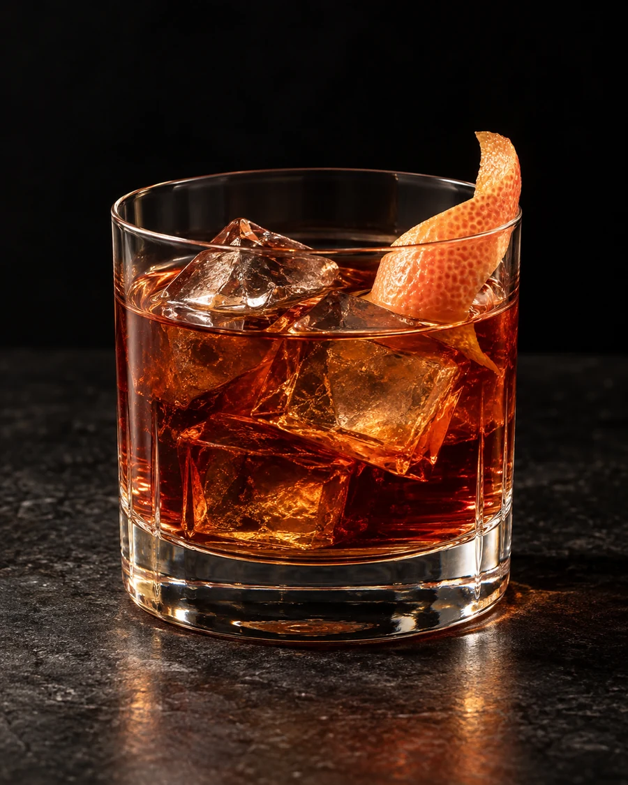 Runaway Horses: deep amber cocktail in a rocks glass with several clear ice cubes and a pink grapefruit twist.