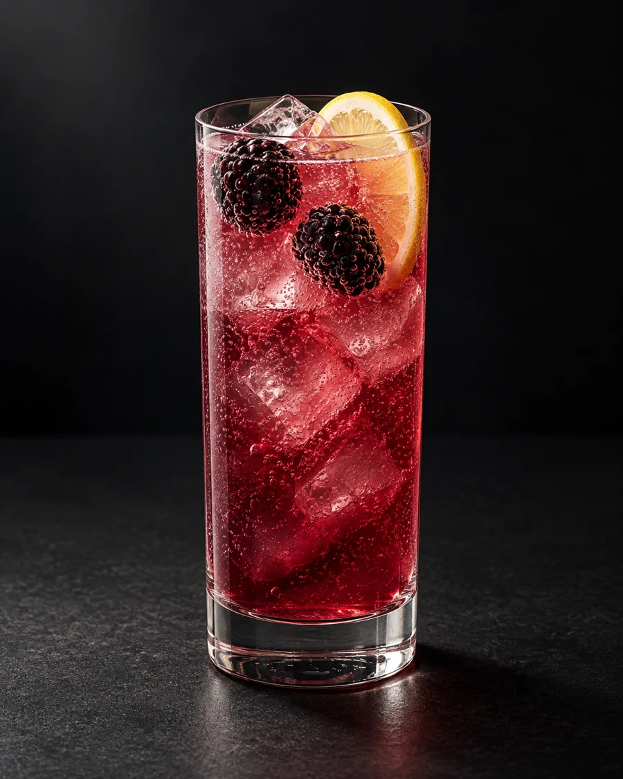 russian Spring Punch served in a highball glass with two blackberries and a lemon slice