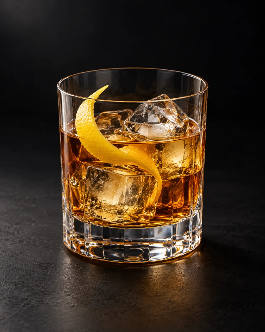 Rusty Nail served in a rocks glass with a lemon twist against a black background.