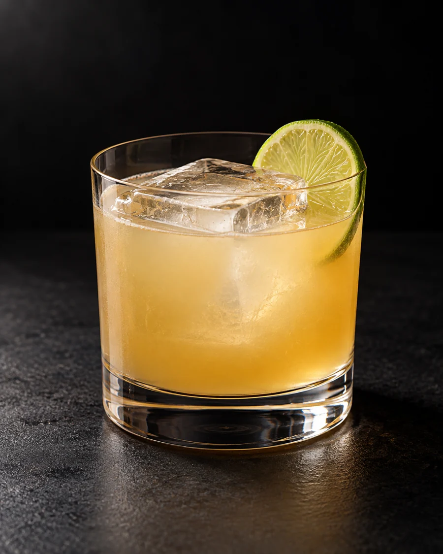 Pale cloudy golden Sabertooth over one large cube in a rocks glass with lime wheel.
