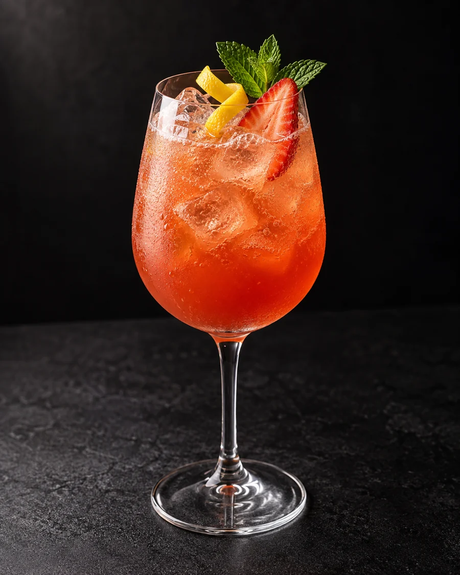 cloudy ruby-orange Saint-Cyprien over ice in a wine glass with lemon twist, strawberry slices and mint.