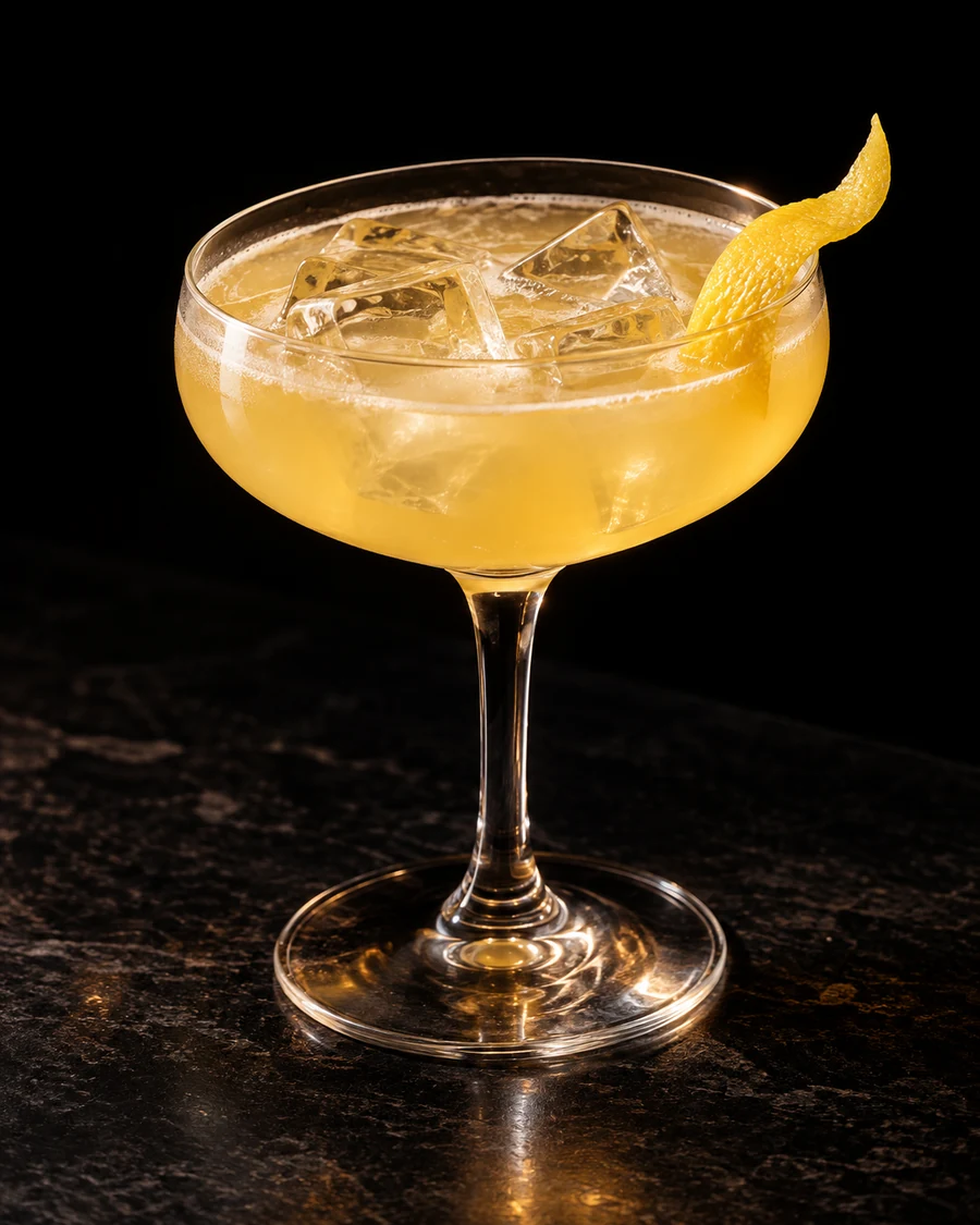 Sakura Maru. Coupe with explicitly sourced fresh cubed serving ice, golden body and lemon peel.