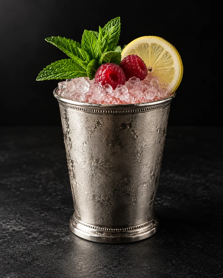 Dusky pink Salers Cobbler in a metal julep cup packed with crushed ice, raspberries, mint and lemon wheel.