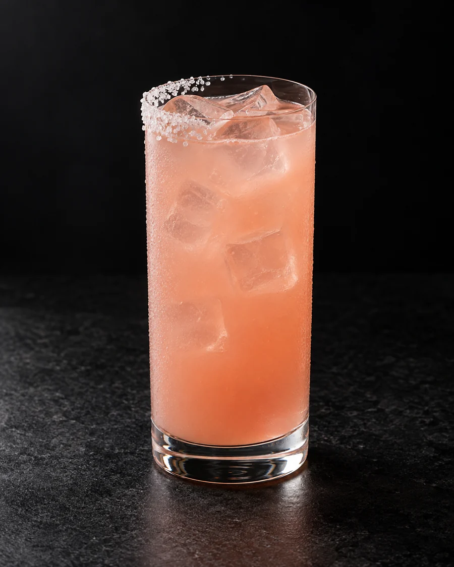 Pale pink Salty Dog in a highball over ice with a visibly salted half-rim and no fruit garnish.