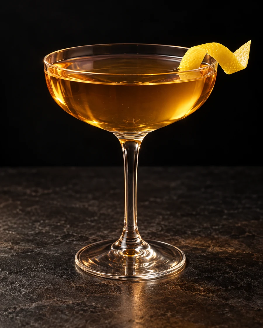 San Martin in a coupe glass, without ice, garnished with lemon peel, against a black background.
