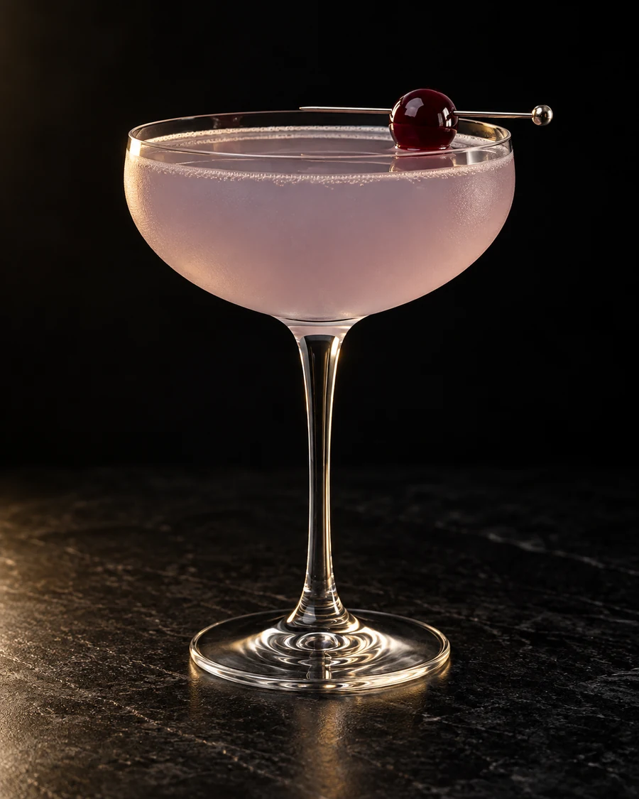 Sandstorm in a chilled coupe, served without ice, with cherry, against a black background.