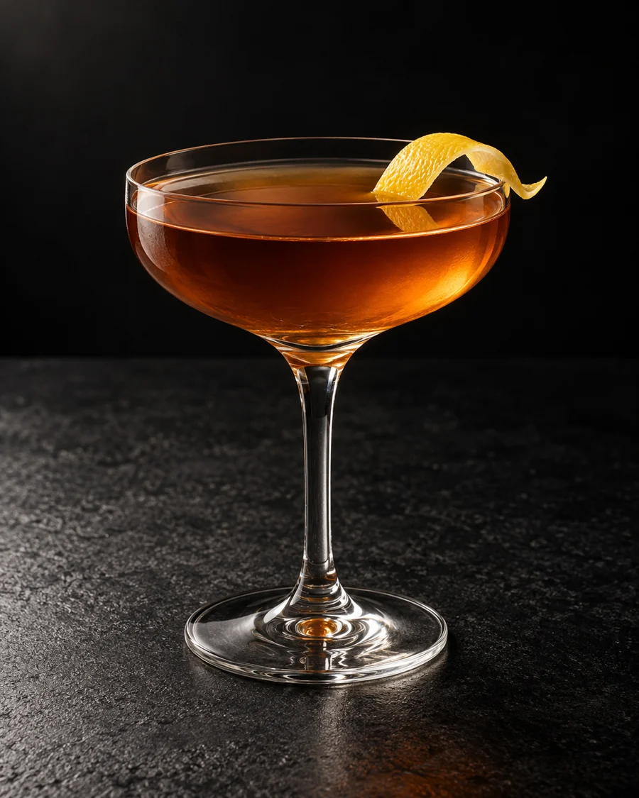 Clear amber-brown cocktail in a coupe, no ice, lemon twist.