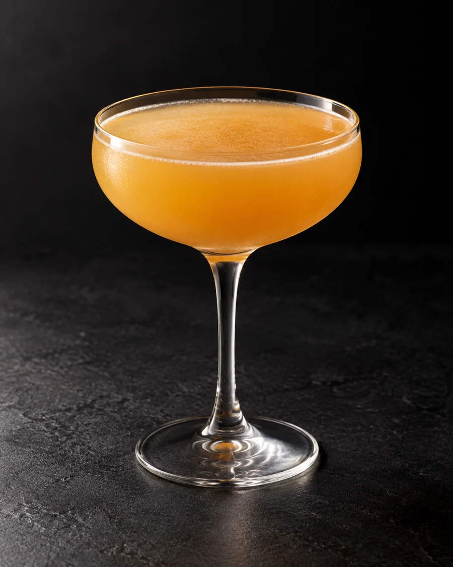 cloudy golden-orange Satan’s Whiskers in a coupe without ice or garnish.