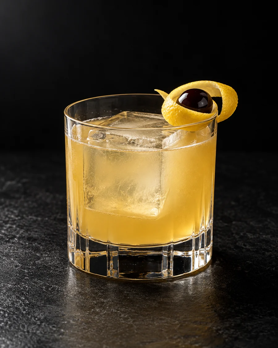 Pale golden Saturn over one large cube in a rocks glass, lemon twist curled around a cherry.
