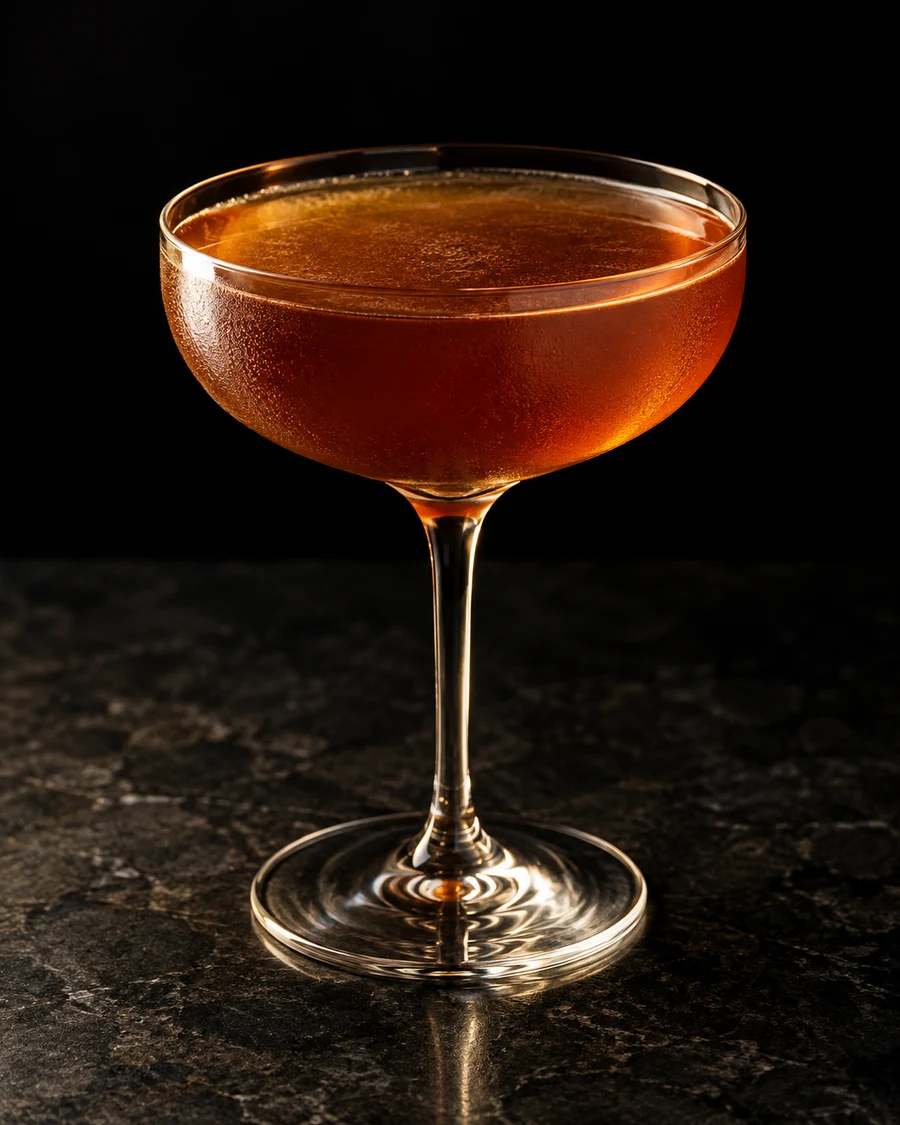 Saucy Minion: Amber-brown shaken drink in coupe, no garnish, no ice.