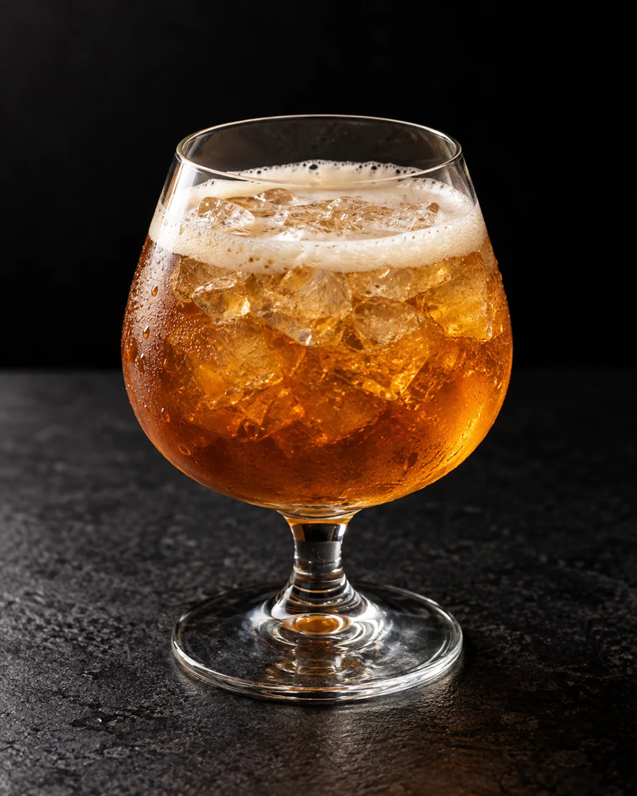 Amber Sawbuck in a snifter over cracked ice with light beer foam, no garnish.