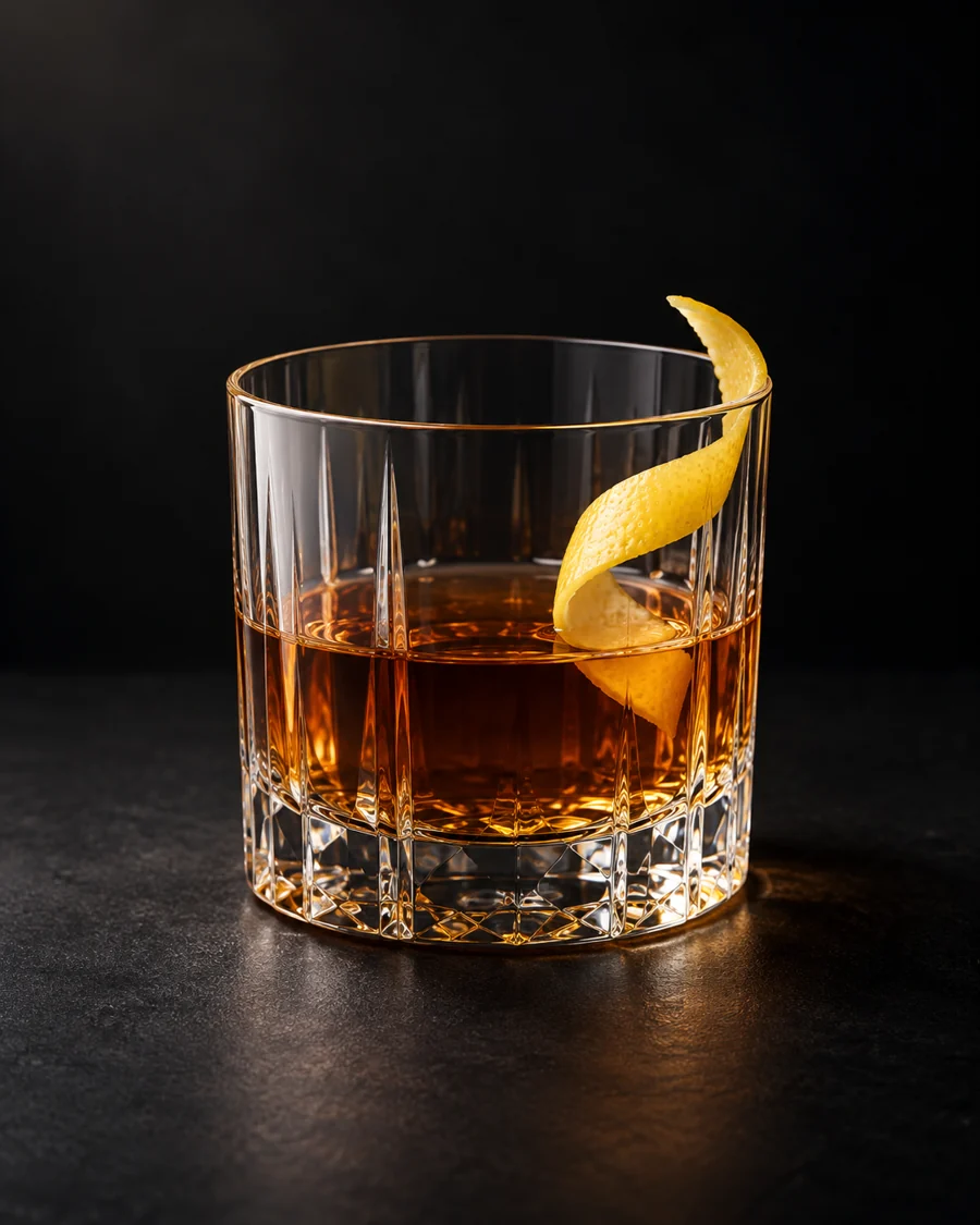 sazerac served in a rocks glass with a lemon twist