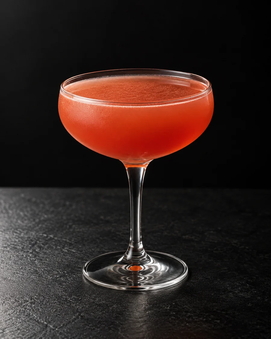 Cloudy red-orange cocktail in a coupe without ice and without garnish.