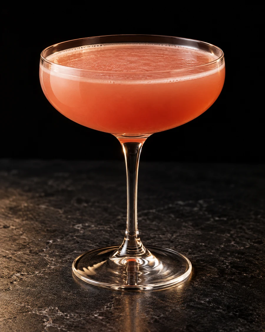 Scottish Guard in a coupe glass, without ice, ungarnished, against a black background.