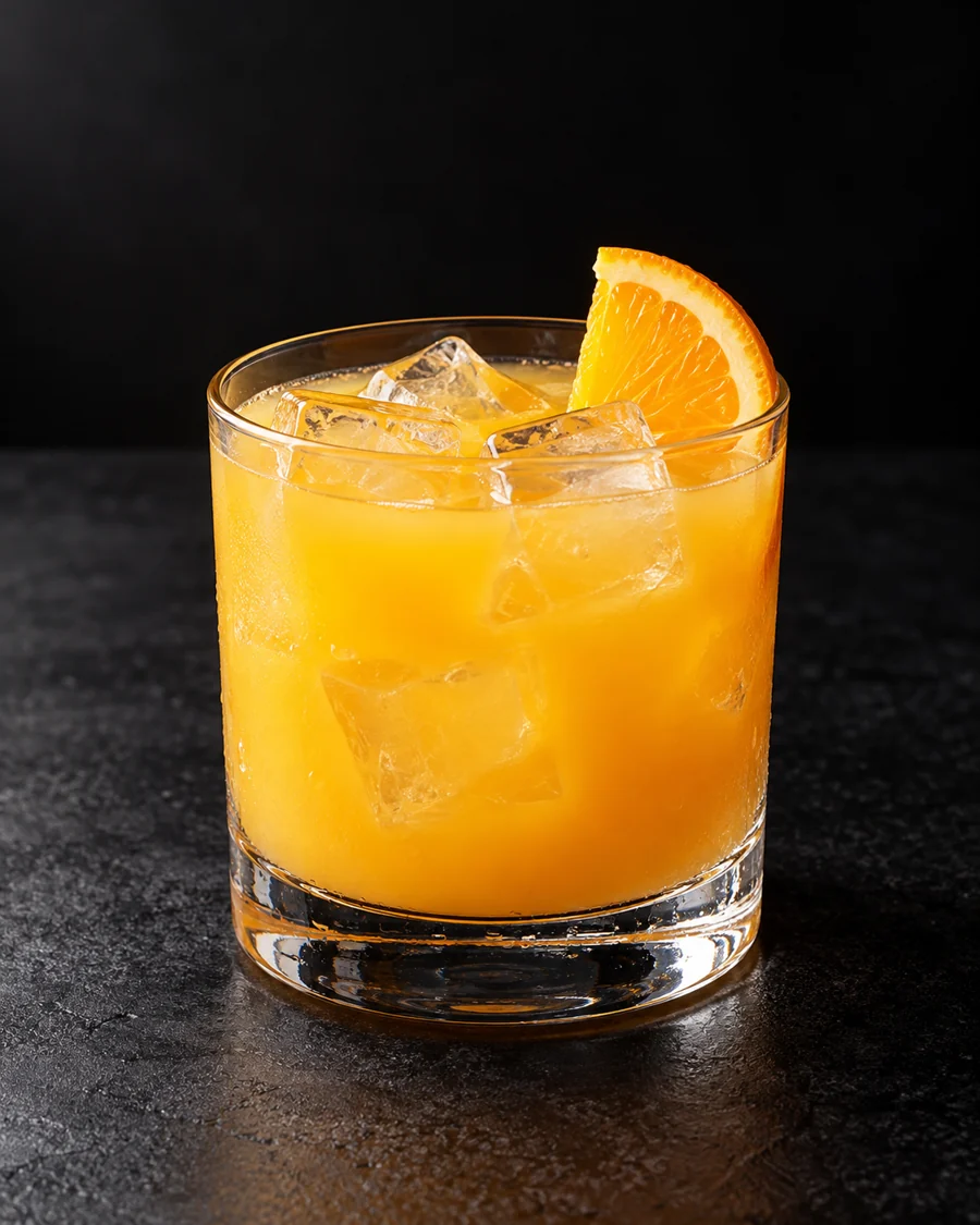 Orange Screwdriver in a rocks glass over ice with an orange slice.