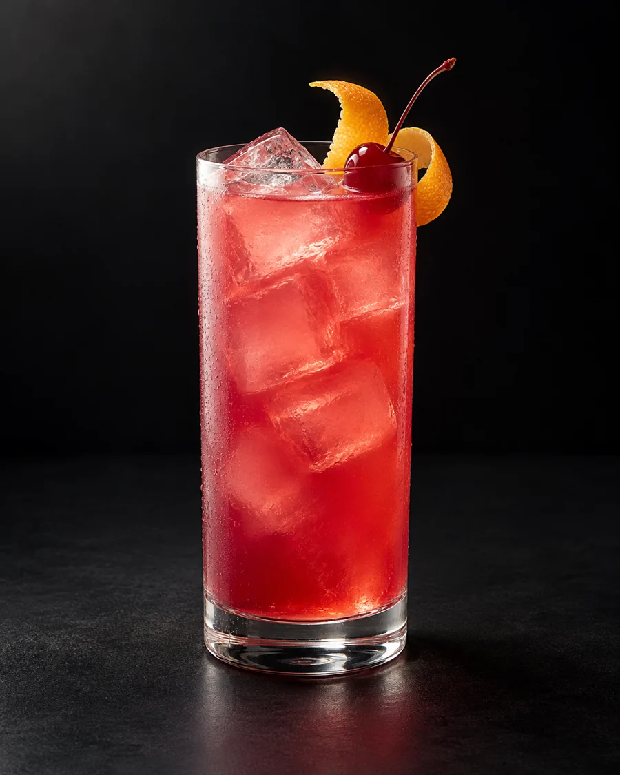 Sea Breeze served in a highball glass with an orange twist and cocktail cherry against a black background.