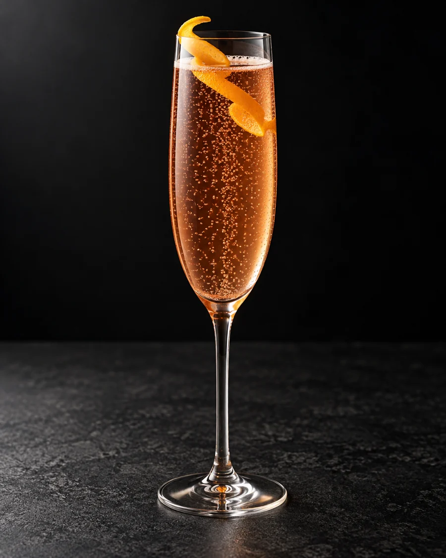 Amber-pink sparkling cocktail in a large Champagne flute, no ice, orange twist.