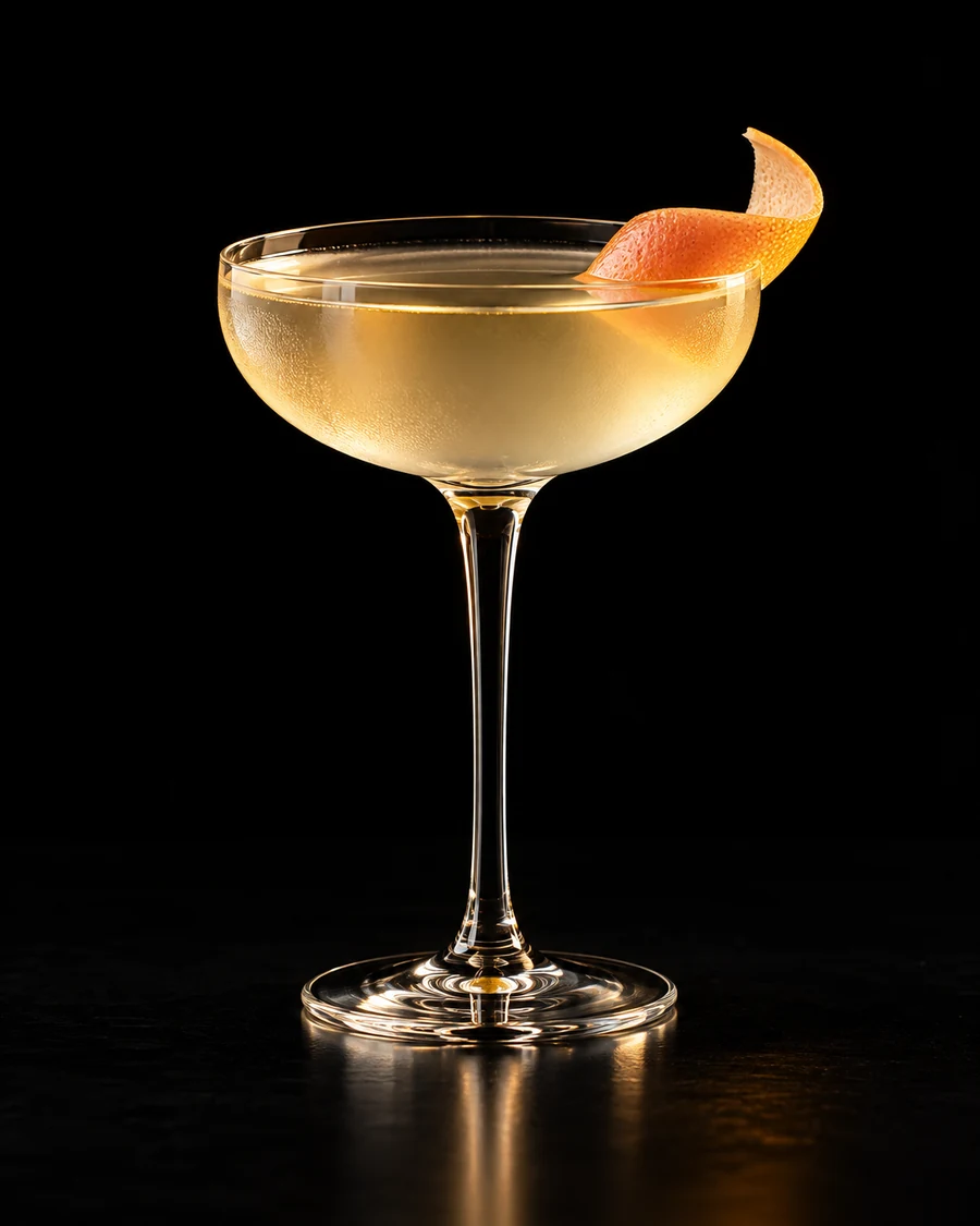 Self-Starter in a coupe, serve without ice, with grapefruit peel, against a black background.