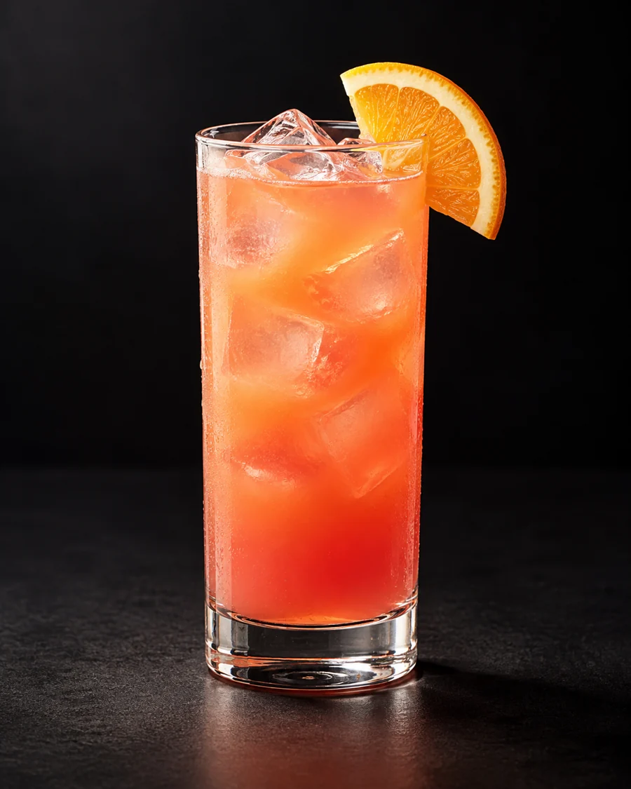 Sex on the Beach served in a highball glass with half an orange slice against a black background.