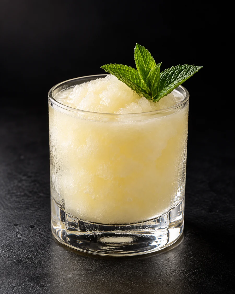 Pale white-yellow slushy Sgroppino in a double rocks glass with mint sprig, no ice cubes.