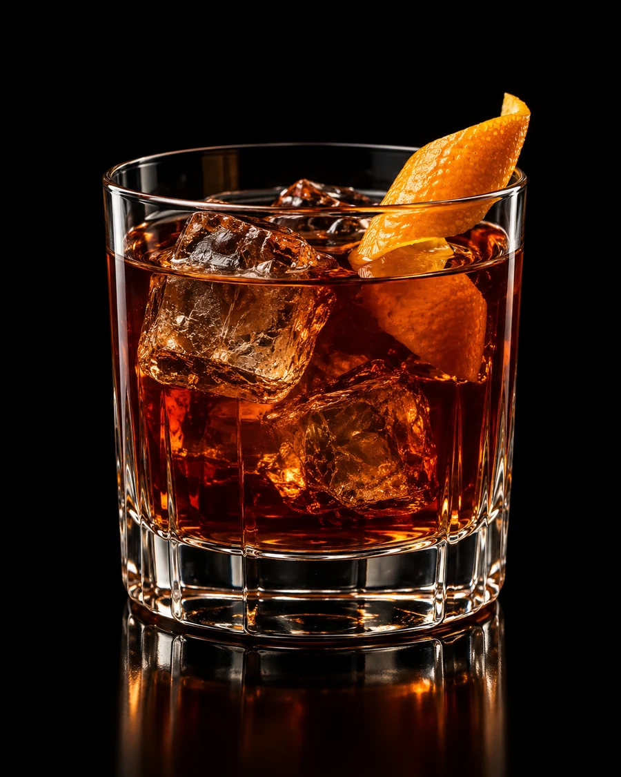 Shadows & Tall Trees: Dark mahogany cocktail over clear ice cubes in a rocks glass with an orange twist against a black background.