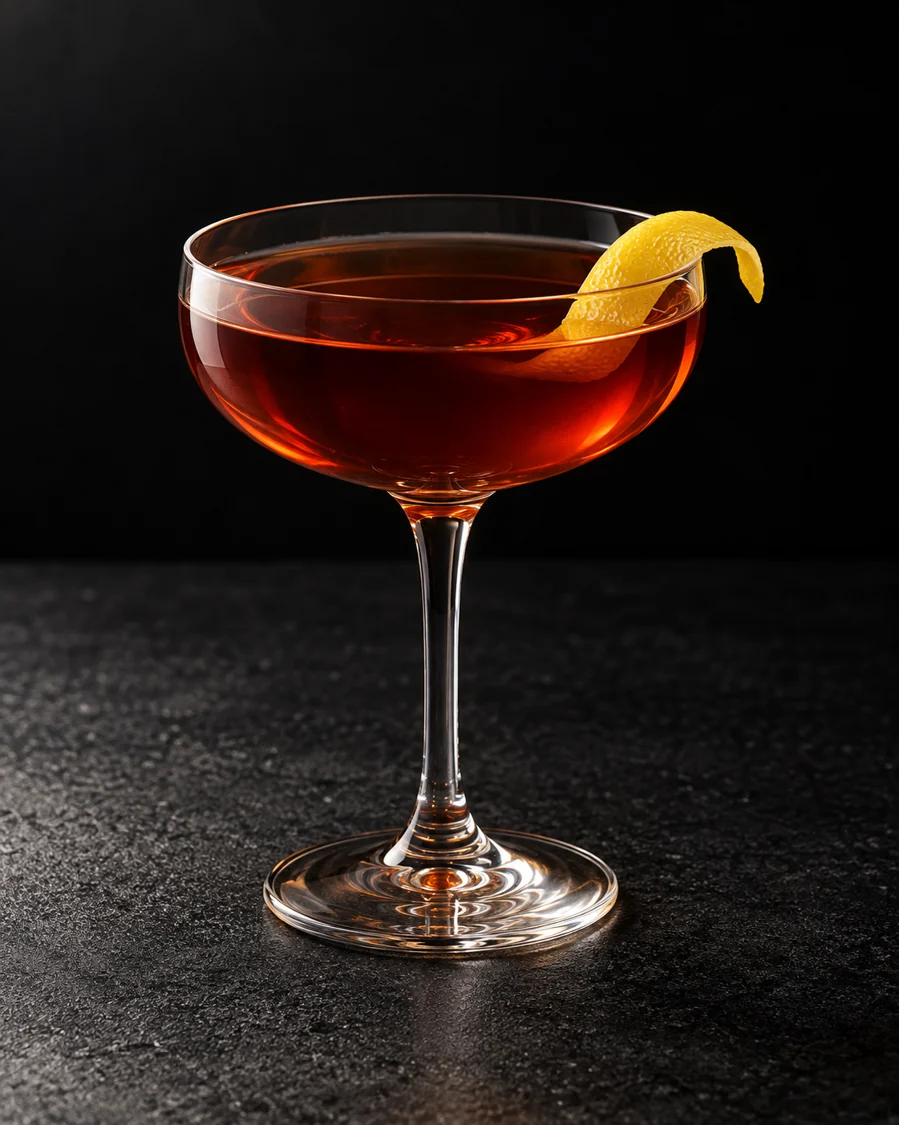 clear deep amber-red Sherman in a coupe with lemon twist, no ice.