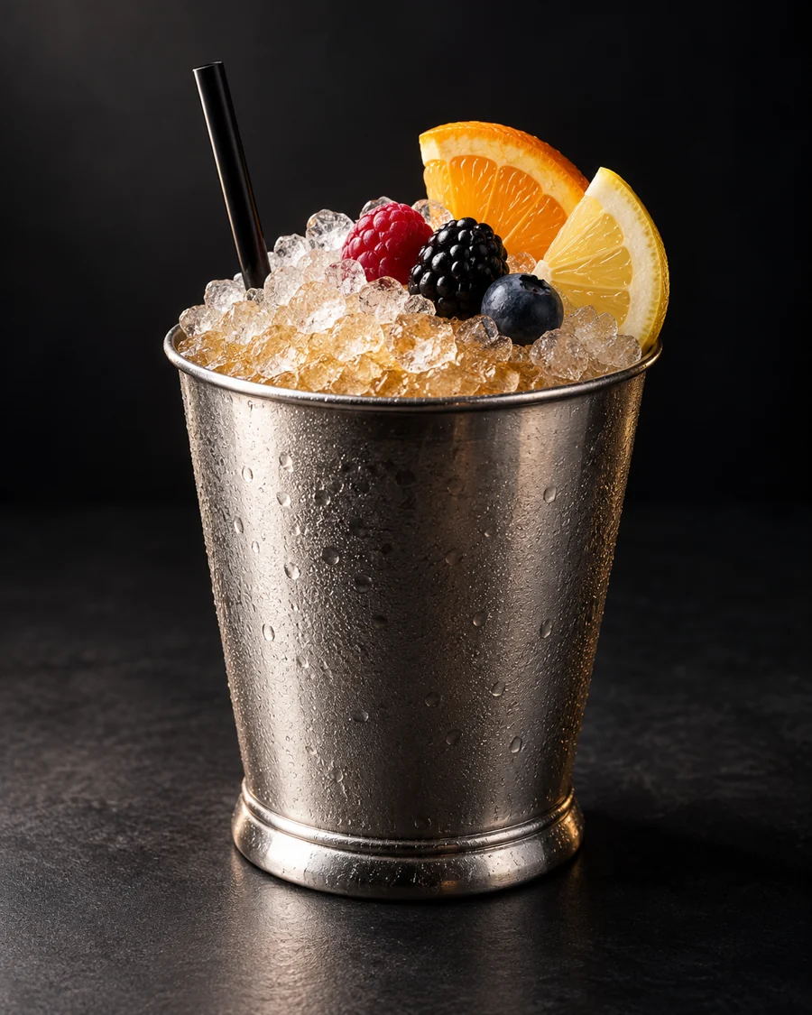 sherry Cobbler served in a mug glass with fresh berries and quarter-wheels of orange and lemon
