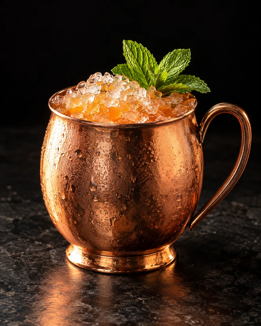 Sherry Tonga: Copper mug holding an orange cocktail topped with crushed ice and one mint sprig.
