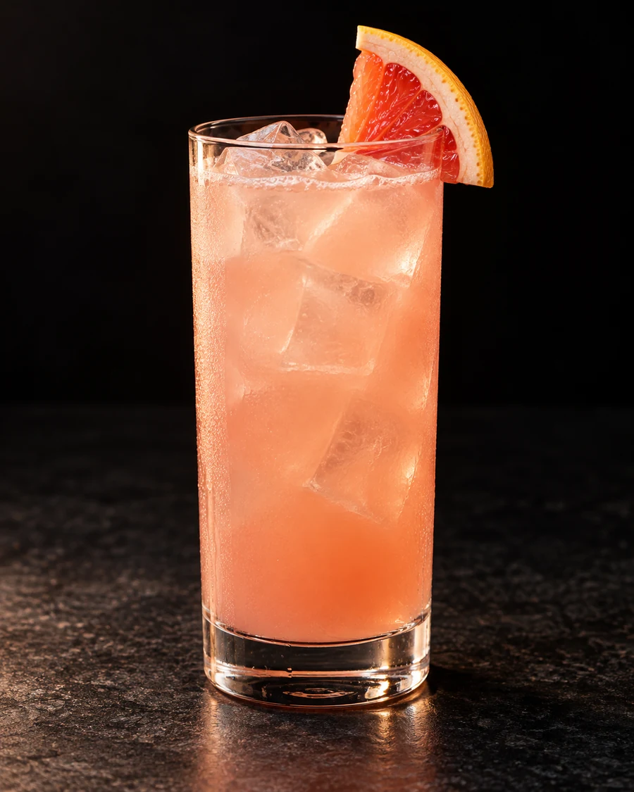 Shifting Sands in a Collins glass, with ice cubes, garnished with grapefruit wedge, against a black background.