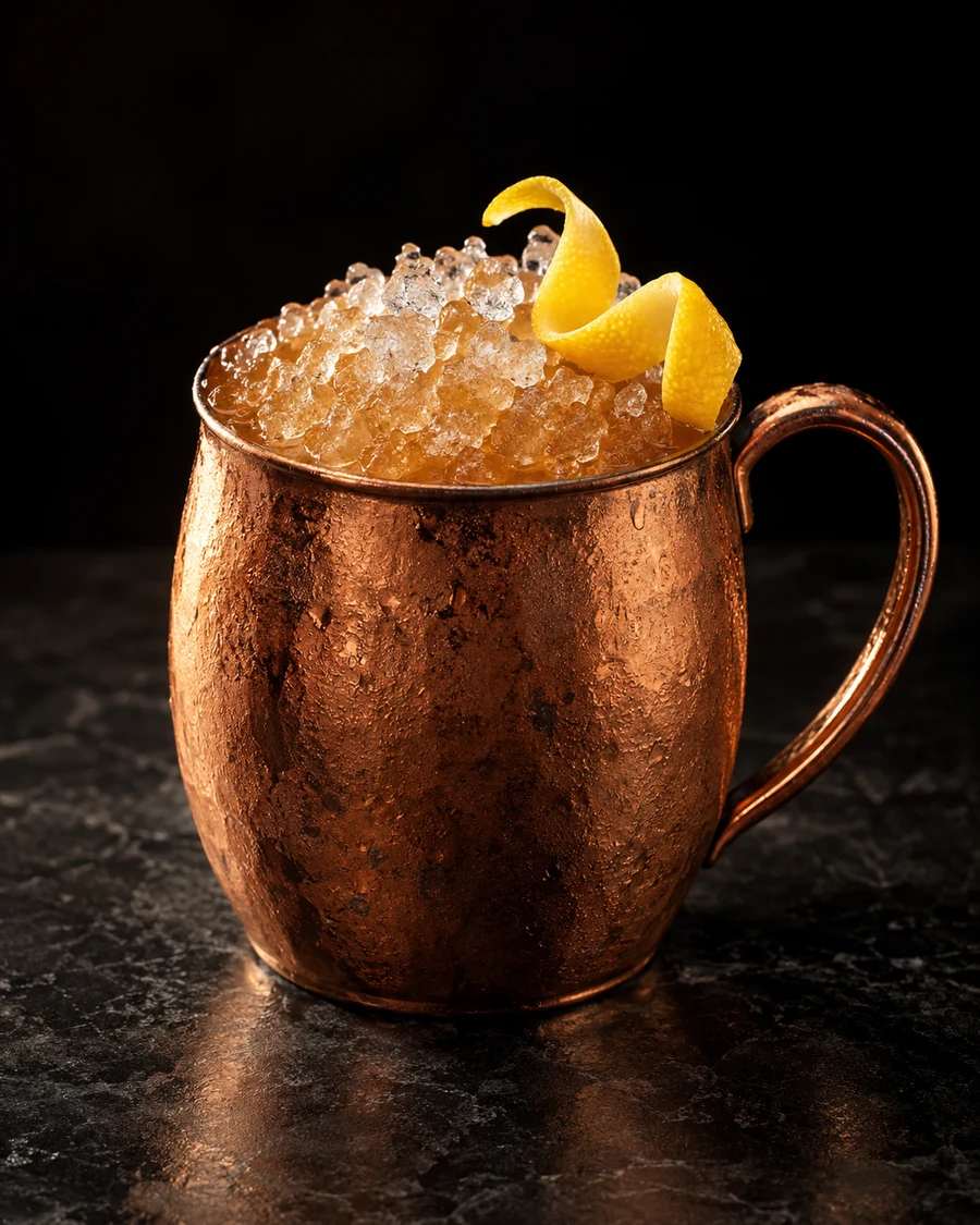 Shipwrecked: Copper mug filled with crushed ice and an amber tropical drink, finished with a lemon twist.